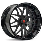 Stark Forged Wheels HEM45 custom wheel with gloss black lip, satin black center, and red hardware