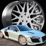 2009 Audi R8 Widebody with Stark Forged Wheels HEM45 custom wheels featuring polished lip, white face center, and black hardware
