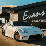 Nissan 370Z with Stark Forged Wheels HEM45 custom wheels featuring satin black lip, gold plated center, and black hardware