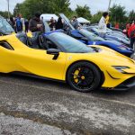 2024 Ferrari SF90 with Stark Forged Wheels HEM46 custom wheels featuring carbon fiber lip, gloss black center, and yellow hardware